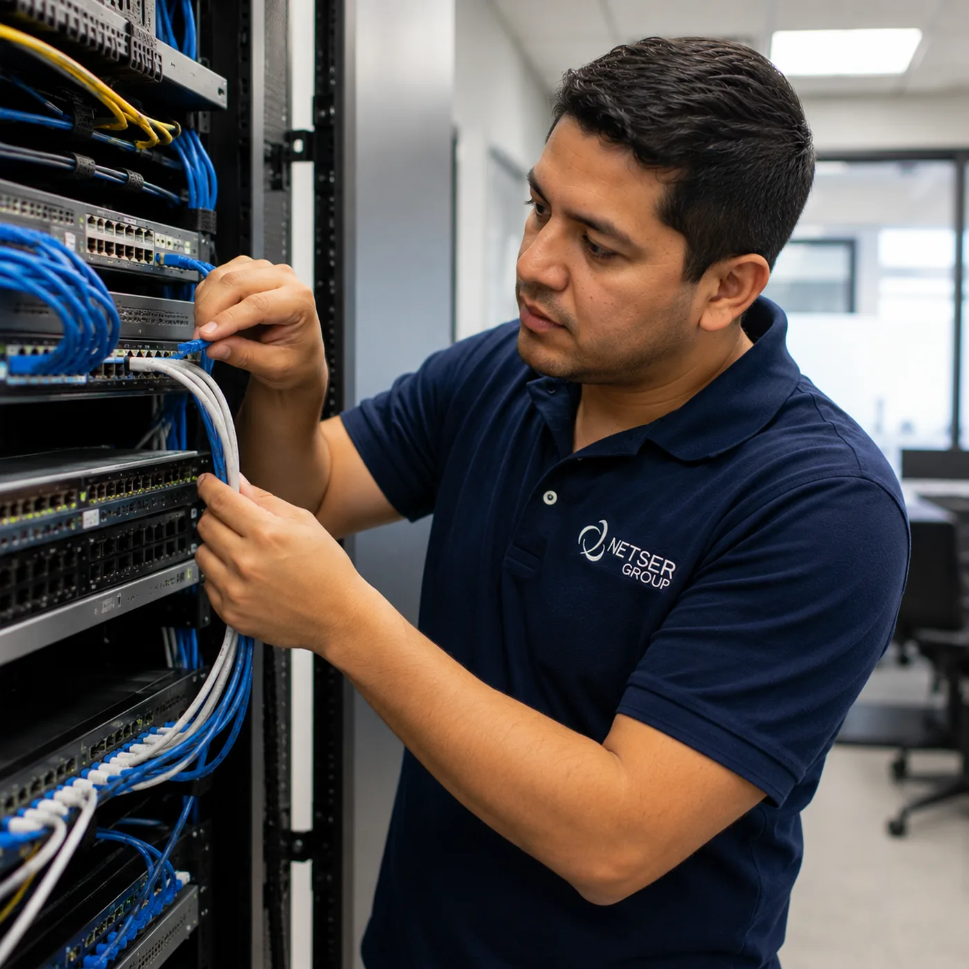 Netser technician installing network cabling and switches