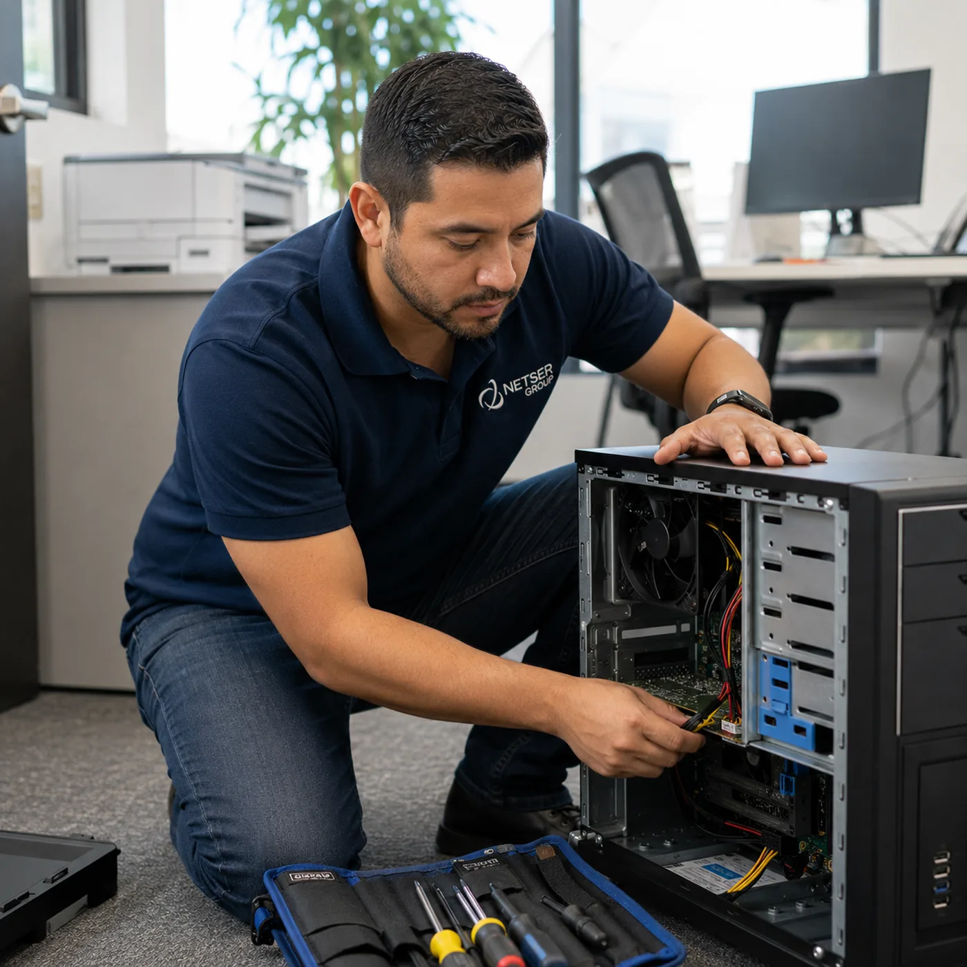 Netser field engineer performing an onsite hardware repair