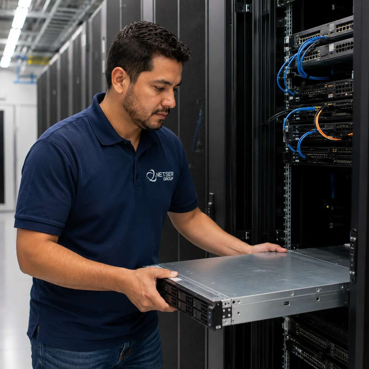 Netser technician installing server racks in a data center