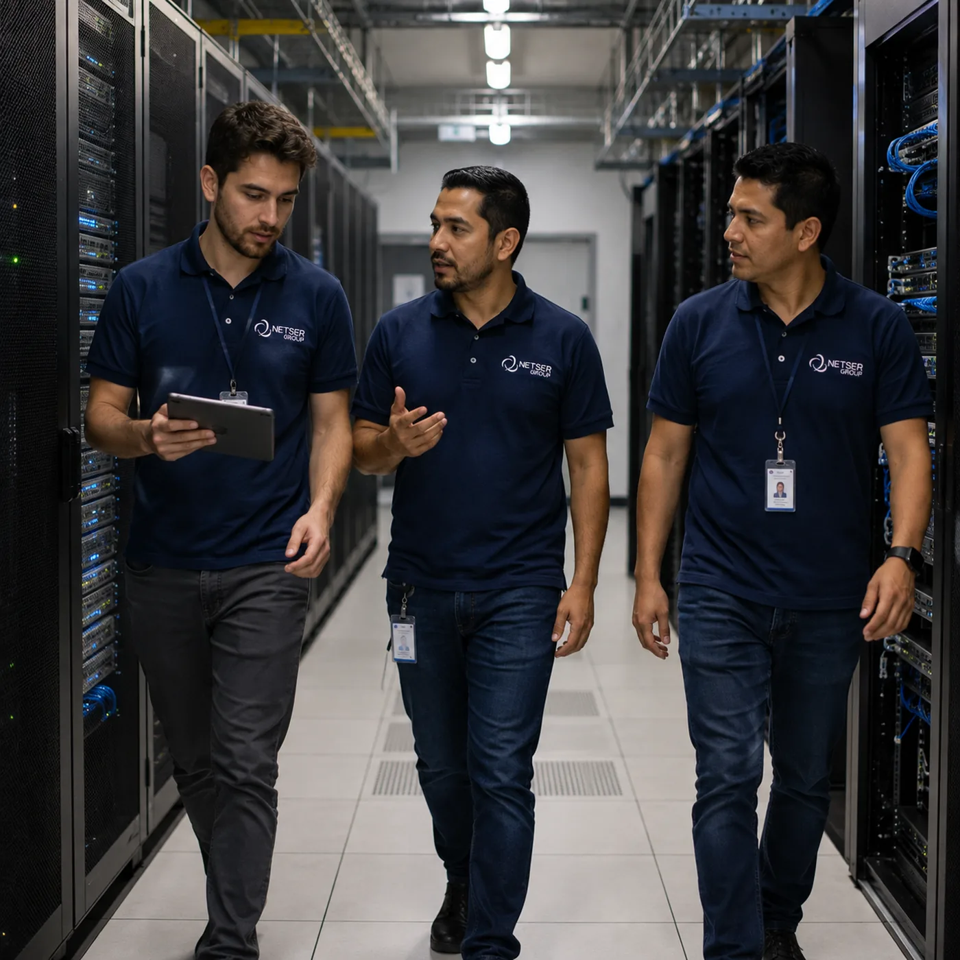 Netser field technicians walking in a data center