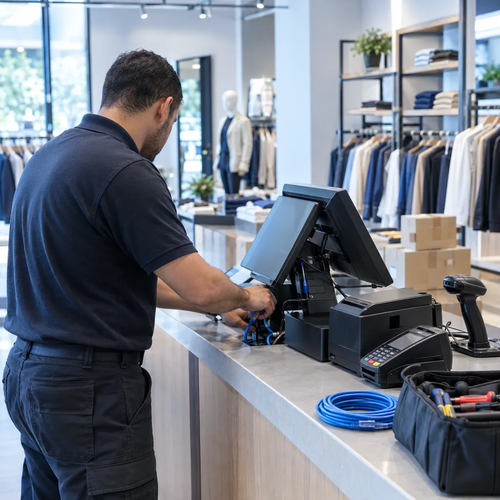 Netser technician installing IT equipment in a new retail store